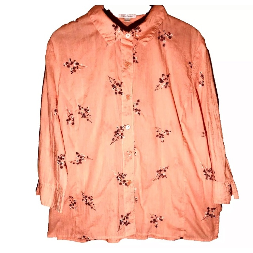 Peach Floral Erin LondonTop Size L Button Up Brown and White Embroidered Flowers